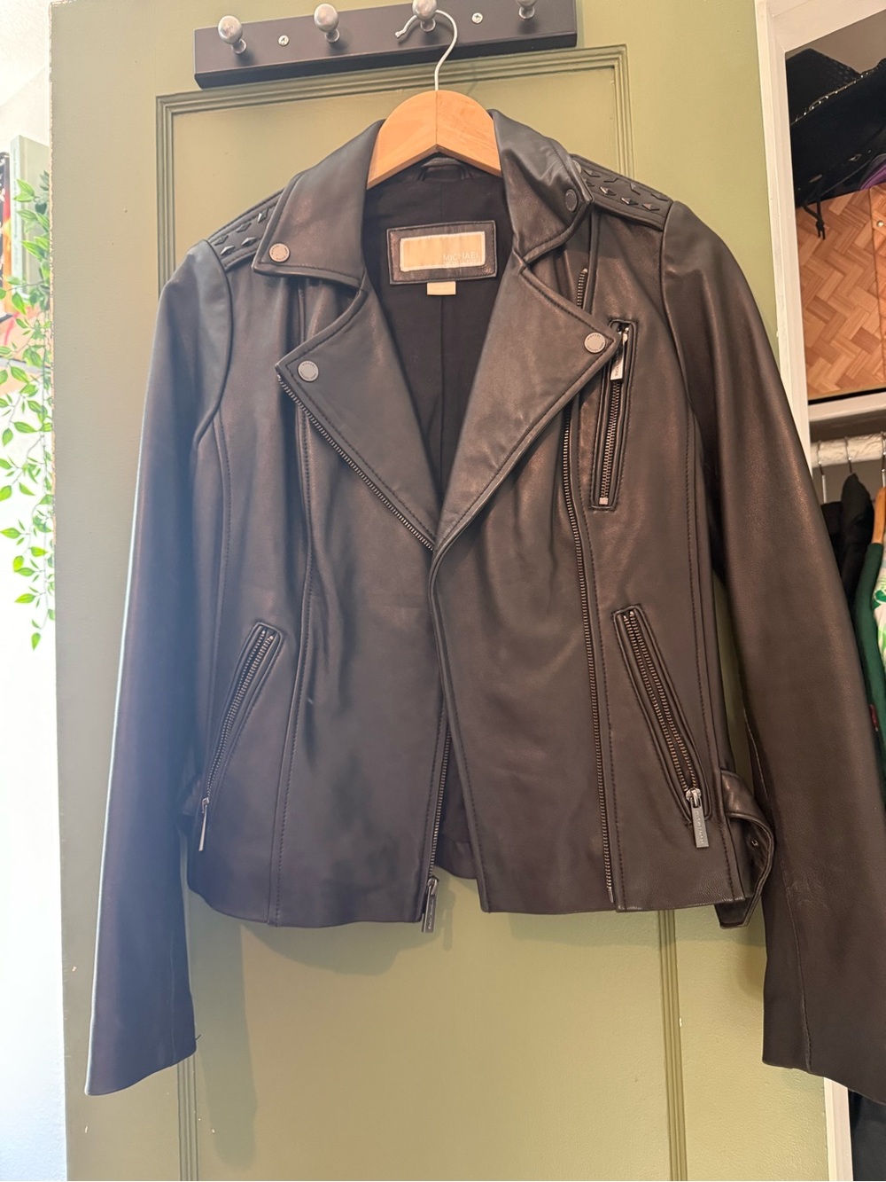 Michael Kors Black Leather Moto Jacket with Studded Shoulders